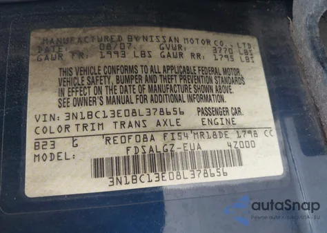 2008 Nissan Versa 1.8Sl из США, поврежденный, VIN 3N1BC13E08L378656